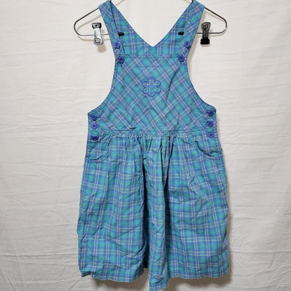 Vintage Rainbow Tag Gymboree Summer Plaid Flowers Overall Dress Size XXL 6-7 Yr